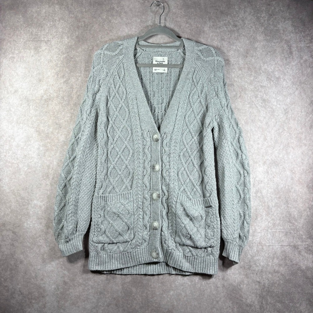 Abercrombie & Fitch Cardigan Sweater Womens Size Small Gray Cable Knit Fisherman